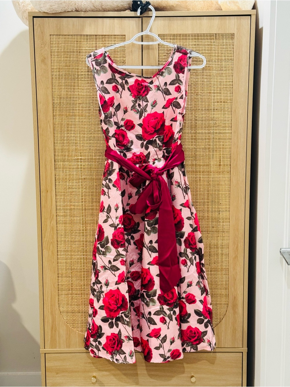 Pink Floral Girls' Dress with Red Rose Print and Sash